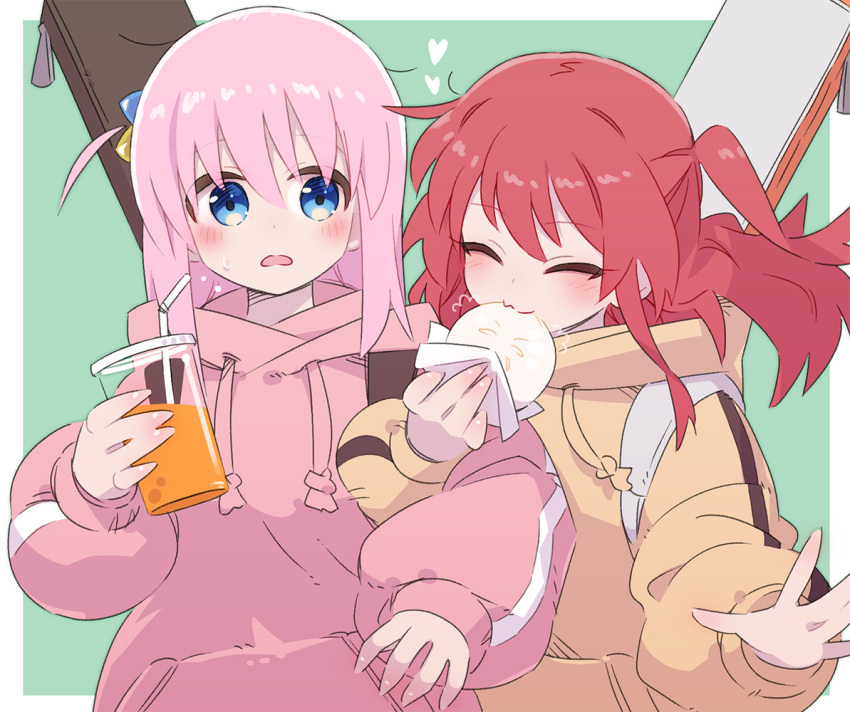 2girls, baozi, blue_eyes, blush, bocchi_the_rock!, closed_eyes, cup, disposable_cup