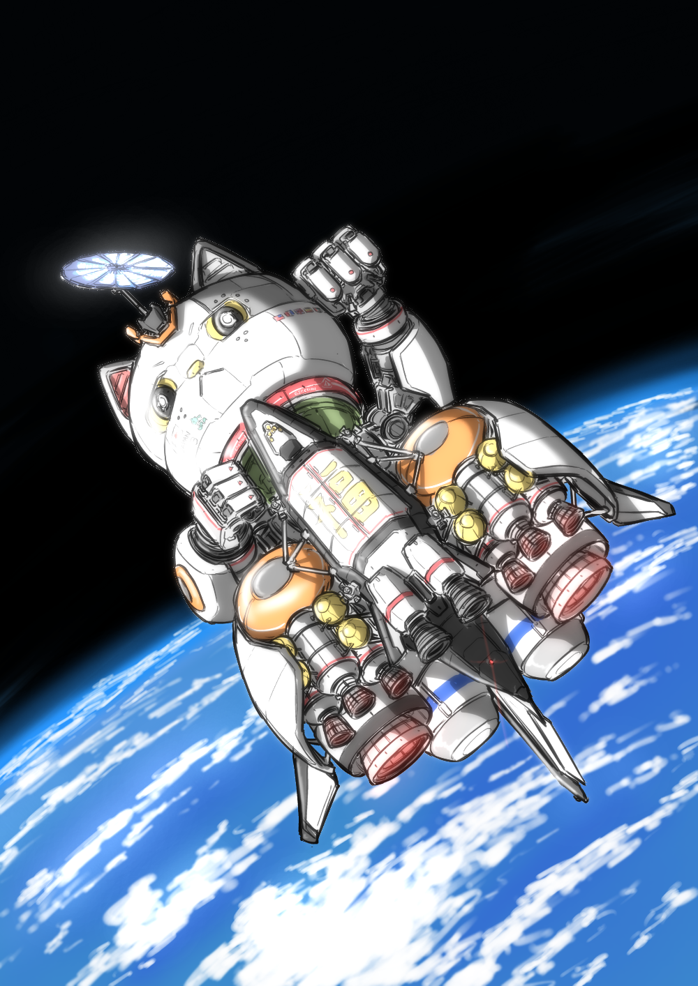:<, animal-themed_vehicle, atmospheric_layer, booster_rocket, clouds, earth_(planet), hachidori_(ippatsuya), highres