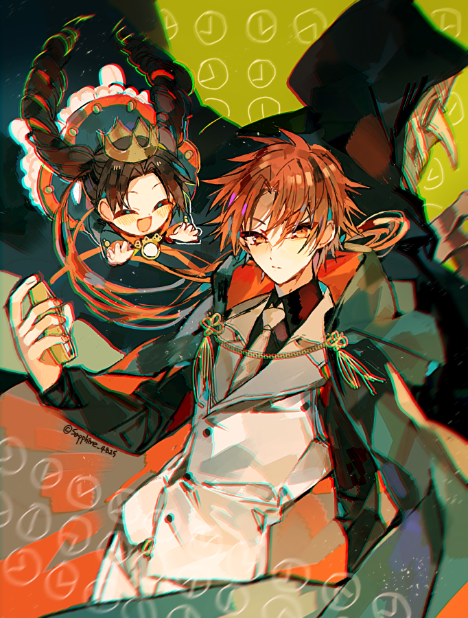 1girl, 2boys, aoi_akane, black_cape, black_hair, black_pants, black_shirt, blue_dress