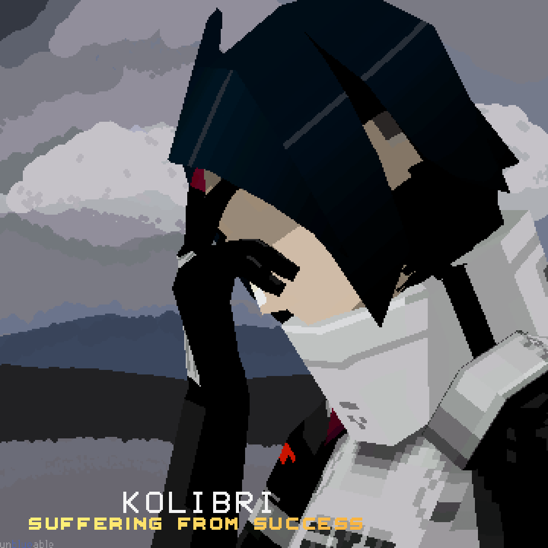 1girl, album_cover_redraw, android, armor, blue_hair, bob_cut, clouds, cloudy_sky, cyberpunk, derivative_work, dj_khaled, faceless, facepalm, facial_mark, gloom_(expression), kolibri_(signalis), lake, mechanical_arms, meme, mountain, overcast, signalis, simple_background, sky, suffering_from_success, unblueable