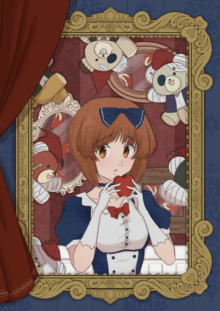 1girl, absurdres, alternate_costume, apple, blue_bow, blue_choker, blue_dress, boko_(girls_und_panzer)