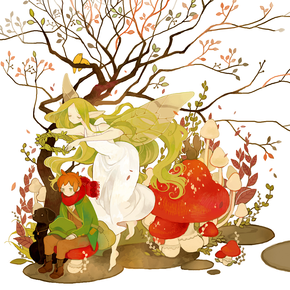 1boy, 1girl, acorn, animal, bag, barefoot, bird, boots