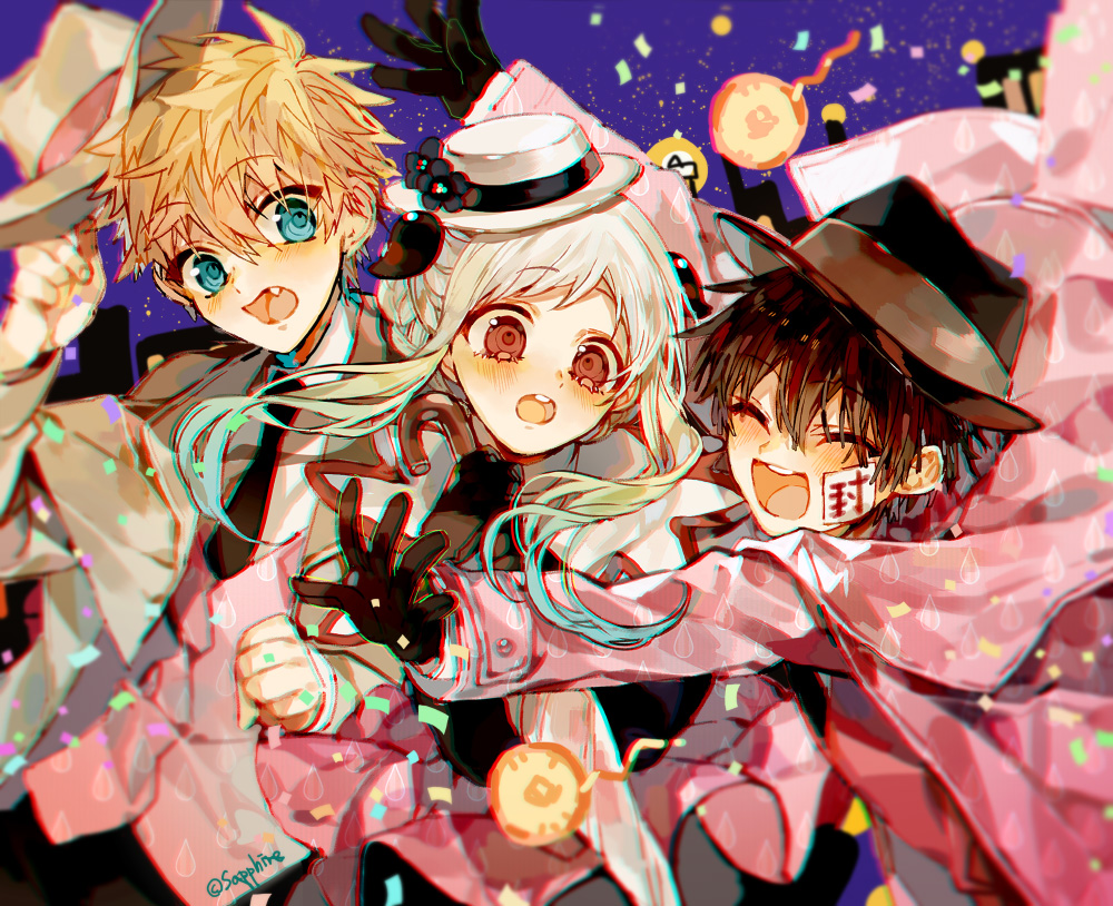 1girl, 2boys, black_flower, black_gloves, black_hair, black_necktie, blue_eyes, blush