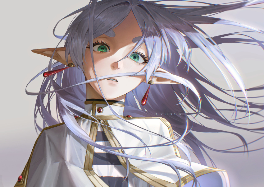 1girl, absurdres, capelet, earrings, elf, frieren, green_eyes, grey_background