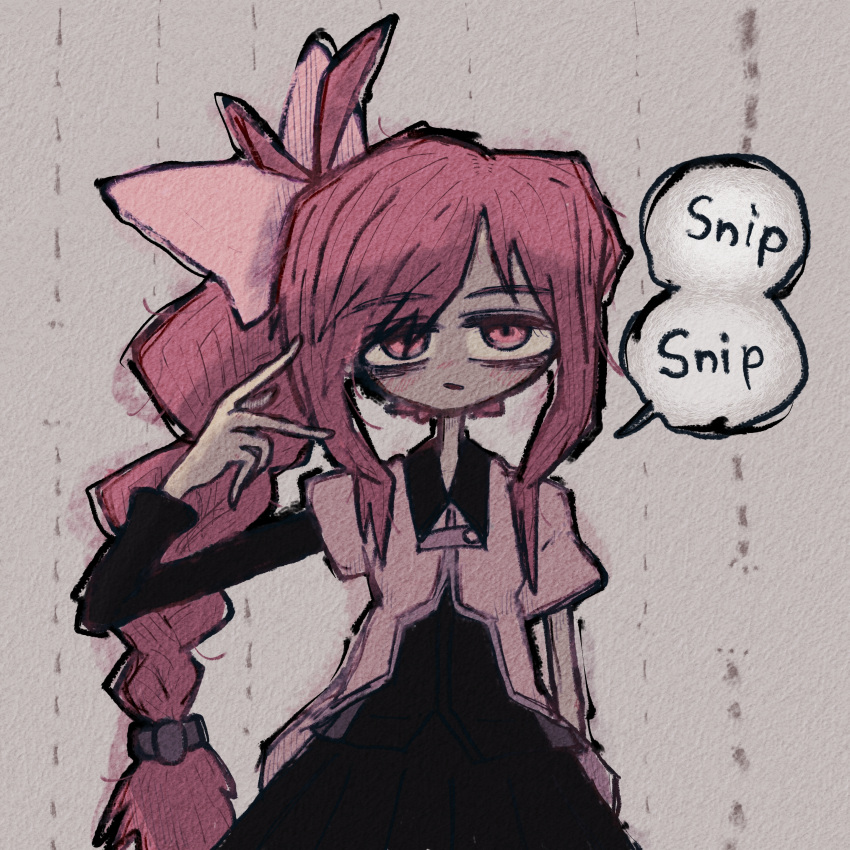 1girl, absurdres, antenna_hair, bags_under_eyes, black_dress, bow, braid, braided_ponytail