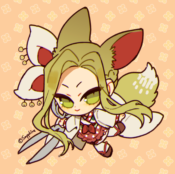 1girl, animal_ears, bow, braid, chibi, closed_mouth, fox_ears, fox_tail