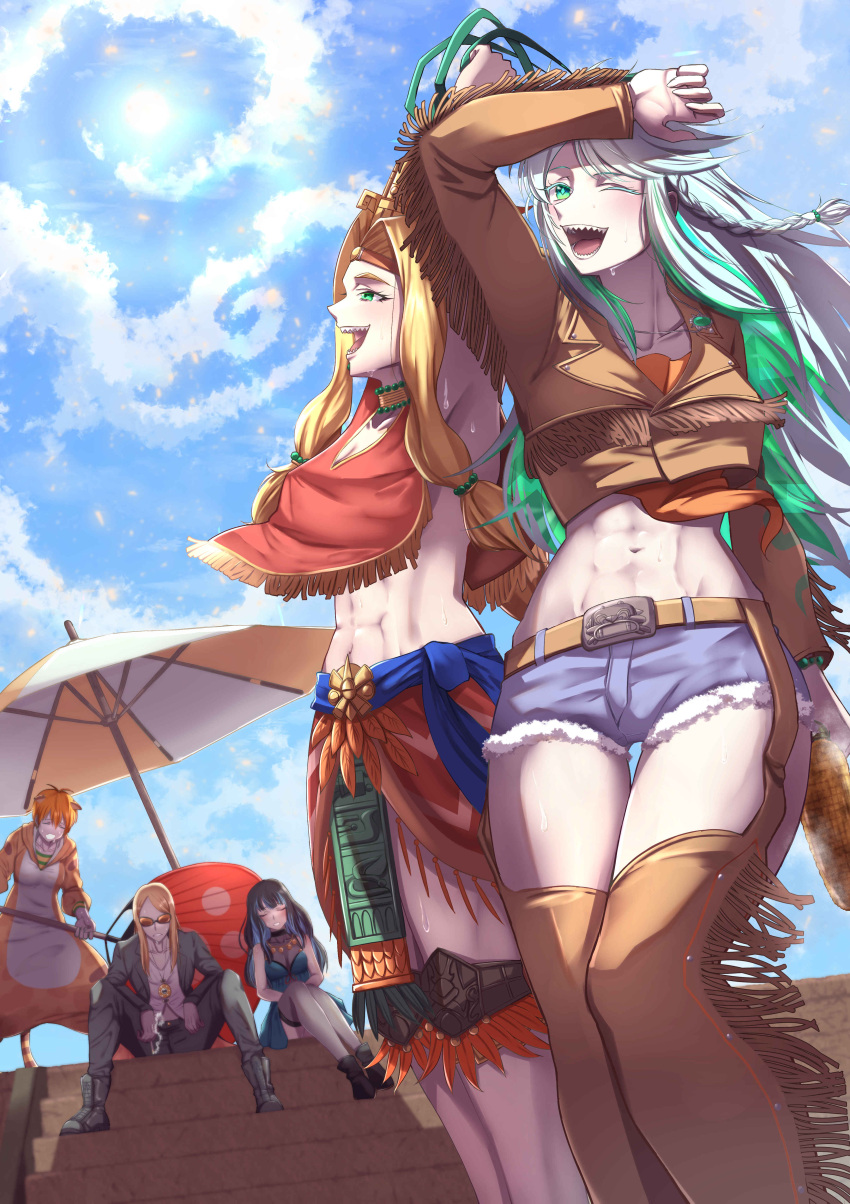 abs, absurdres, animal_costume, animal_ears, animal_print, aztec, blonde_hair, chin_piercing