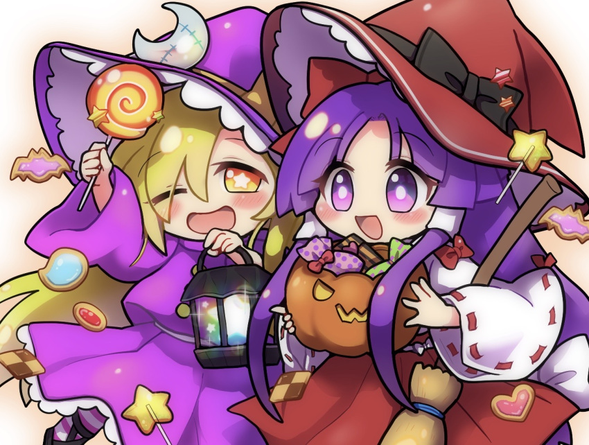 2girls, black_bow, blonde_hair, blush, bow, broom, candy, chocolate
