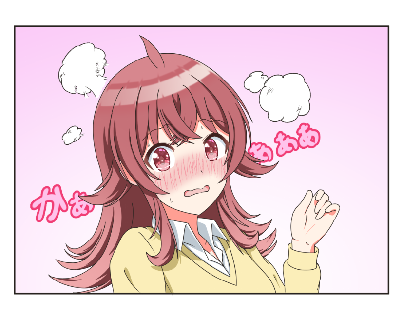 1girl, ahoge, blush, border, commentary_request, embarrassed, hair_between_eyes, hair_flaps, hand_up, idolmaster, idolmaster_shiny_colors, komiya_kaho, long_hair, long_sleeves, looking_at_viewer, open_mouth, pink_background, red_eyes, redhead, ryoga_kk, shirt, sidelocks, solo, steam, sweat, sweater, upper_body, wavy_mouth, white_border, white_shirt, wing_collar, yellow_sweater