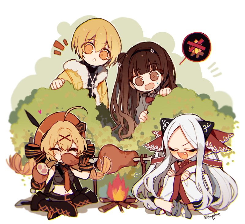 1boy, 3girls, ahoge, black_footwear, black_sweater, blonde_hair, boned_meat, bonfire