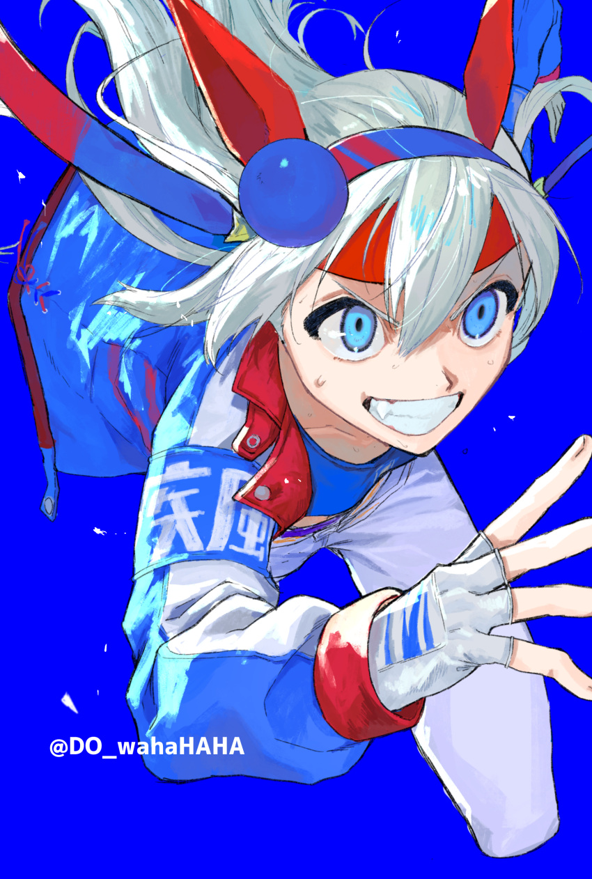 1girl, absurdres, animal_ears, armband, blue_armband, blue_background, blue_eyes, blue_shirt, clenched_teeth, do_wahahaha, fingerless_gloves, foreshortening, gloves, hairband, headband, highres, horse_ears, horse_girl, jacket, pants, red_headband, running, shirt, simple_background, solo, sweat, tamamo_cross_(umamusume), teeth, umamusume, v-shaped_eyebrows, white_gloves, white_hair, white_pants