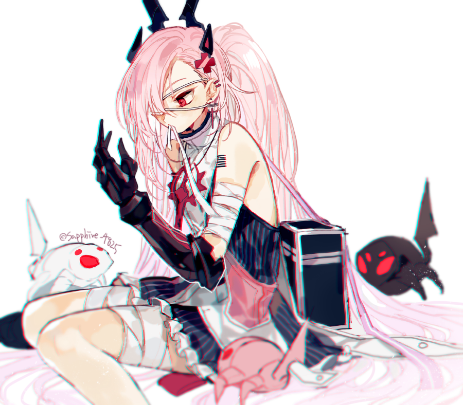 1girl, alexia_(forever_7th_capital), applying_bandages, bag, bandaged_leg, bandages, bare_shoulders, claws, dress, eyepatch, forever_7th_capital, frilled_dress, frills, hair_over_one_eye, half_updo, hand_up, horns, long_hair, medical_eyepatch, pink_hair, red_eyes, sapphire_(nine), sitting, solo, very_long_hair, white_dress