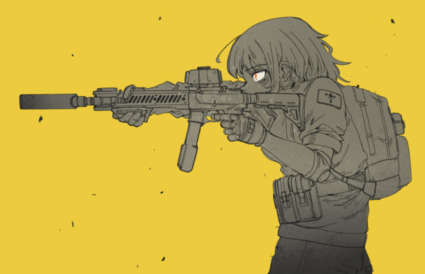 1girl, aiming, ammunition_pouch, assault_rifle, backpack, bag, c-clamp, elbow_pads