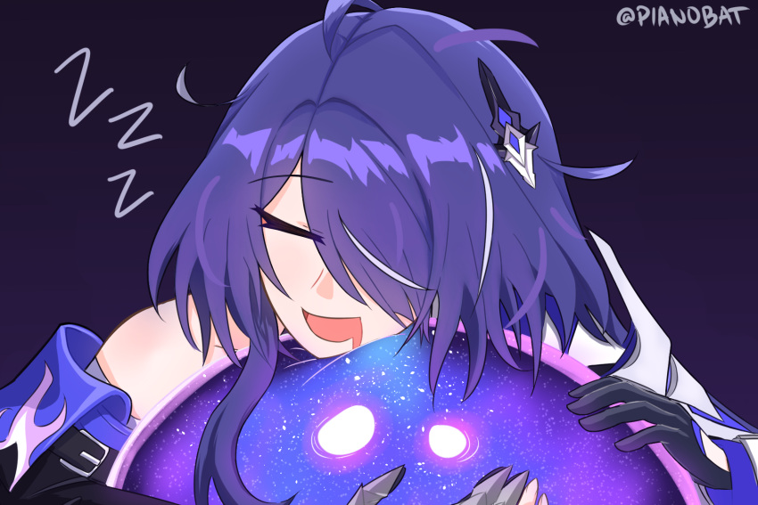 1girl, :d, acheron_(honkai:_star_rail), black_background, black_gloves, closed_eyes, commentary, gloves, hair_ornament, highres, honkai:_star_rail, honkai_(series), ix_(honkai:_star_rail), open_mouth, pianobat, purple_hair, short_hair, single_bare_shoulder, smile, zzz