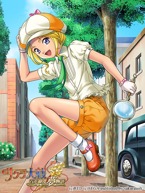 1girl, ankle_socks, blonde_eyebrows, blonde_hair, blue_eyes, bow, brick_road, building