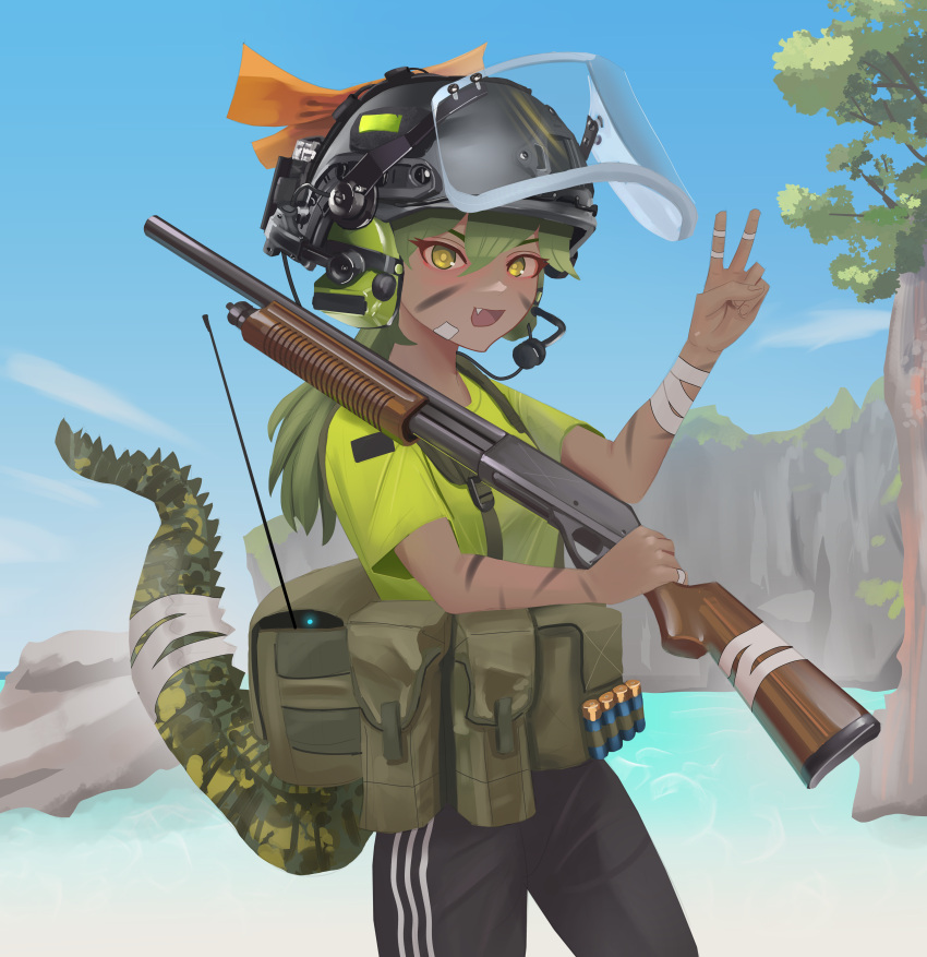 1girl, absurdres, ammunition_pouch, bandaged_arm, bandaged_tail, bandages, black_pants, blue_sky