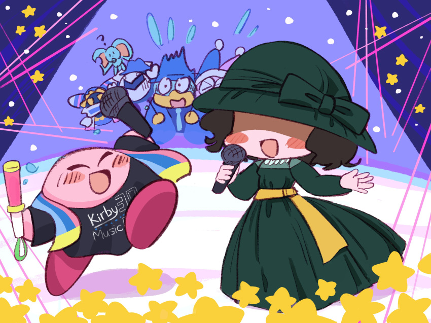 1girl, ?, animal_ears, black_shirt, blush_stickers, dress, elfilin, green_dress, green_hat, hat, highres, holding, holding_glowstick, holding_microphone, jester_cap, kirby, kirby_(series), kirby_30th_anniversary_music_festival, leon0510, magolor, marx_(kirby), mask, meta_knight, microphone, mouse_ears, neichel_(kirby), notched_ear, open_mouth, shaded_face, shirt, star_(symbol)