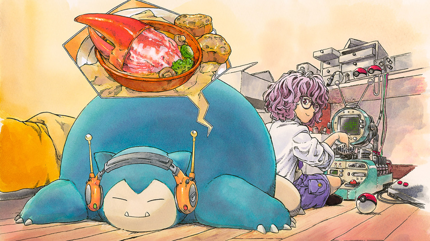1girl, bed, black-framed_eyewear, bowl, box, brown_footwear, claws, coat, commentary, crab_claw, dream_scanner, earphones, fangs, food, glasses, grey_shirt, highres, interior, kabigon_no_yume_gourmet, kumura_(pokemon), kuwabara_taku, lab_coat, loafers, looking_at_another, lying, messy_hair, mushroom, necktie, official_art, on_stomach, open_box, plate, pointing, poke_ball, poke_ball_(basic), pokemon, pokemon_(creature), promotional_art, purple_hair, purple_necktie, purple_shorts, school_uniform, shirt, shoes, shorts, sleeping, smile, thought_bubble, uva_academy_school_uniform, violet_eyes, white_coat, wooden_floor