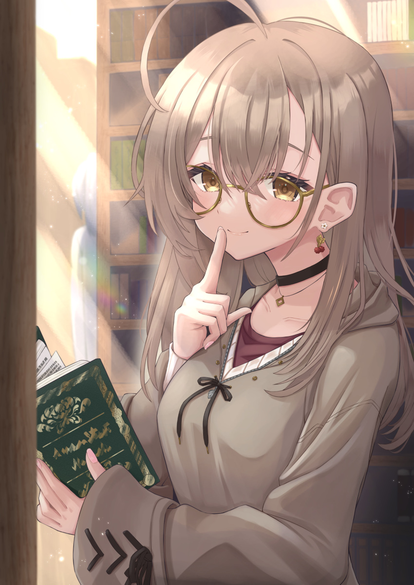 1girl, absurdres, ahoge, berry, black_choker, book, bookshelf, brown_eyes