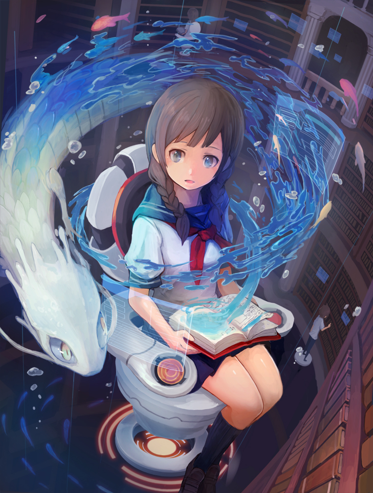 bookshelf, braid, brown_hair, dragon, fantasy, fish, library, nigoro, original, school_uniform, serafuku, sitting, solo, twin_braids, water
