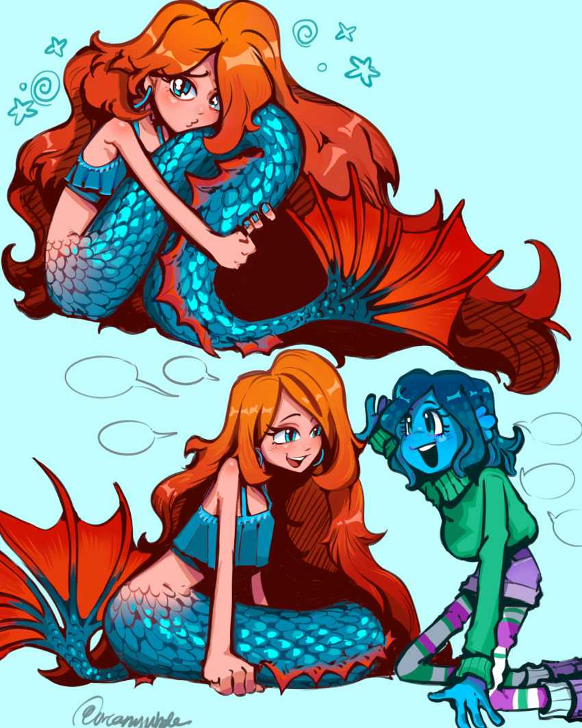 1girl, 2girls, blue_eyes, chelsea_(ruby_gillman), highres, holding_trident, kraken, long_hair