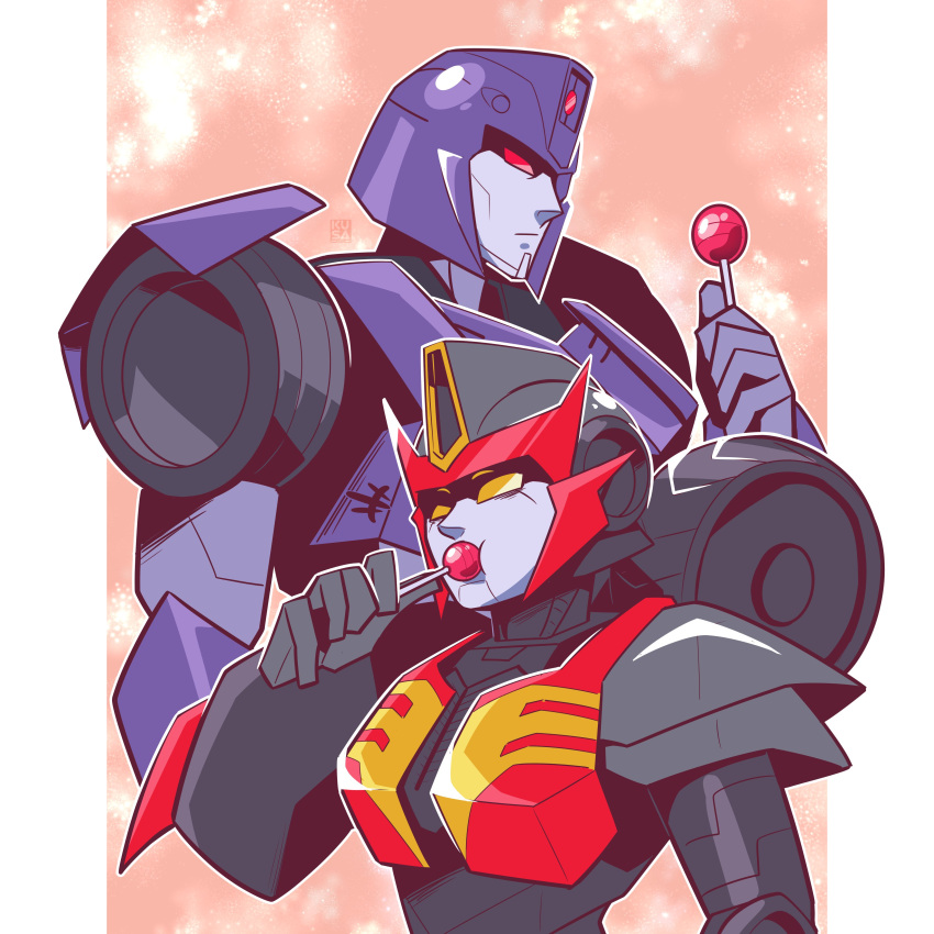 2girls, absurdres, armor, breasts, candy, colored_skin, flamewar, food