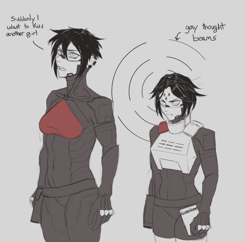 2girls, alternate_muscle_size, android, armor, belt_pouch, bob_cut, concentrating, concentric_circles