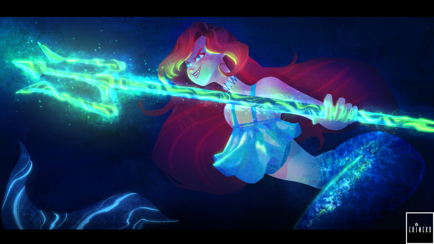 1girl, chelsea_(ruby_gillman), choker, erineko, highres, holding_trident, long_hair, mermaid, monster_girl, redhead, ruby_gillman:_teenage_kraken, sharp_teeth, solo, teeth, very_long_hair