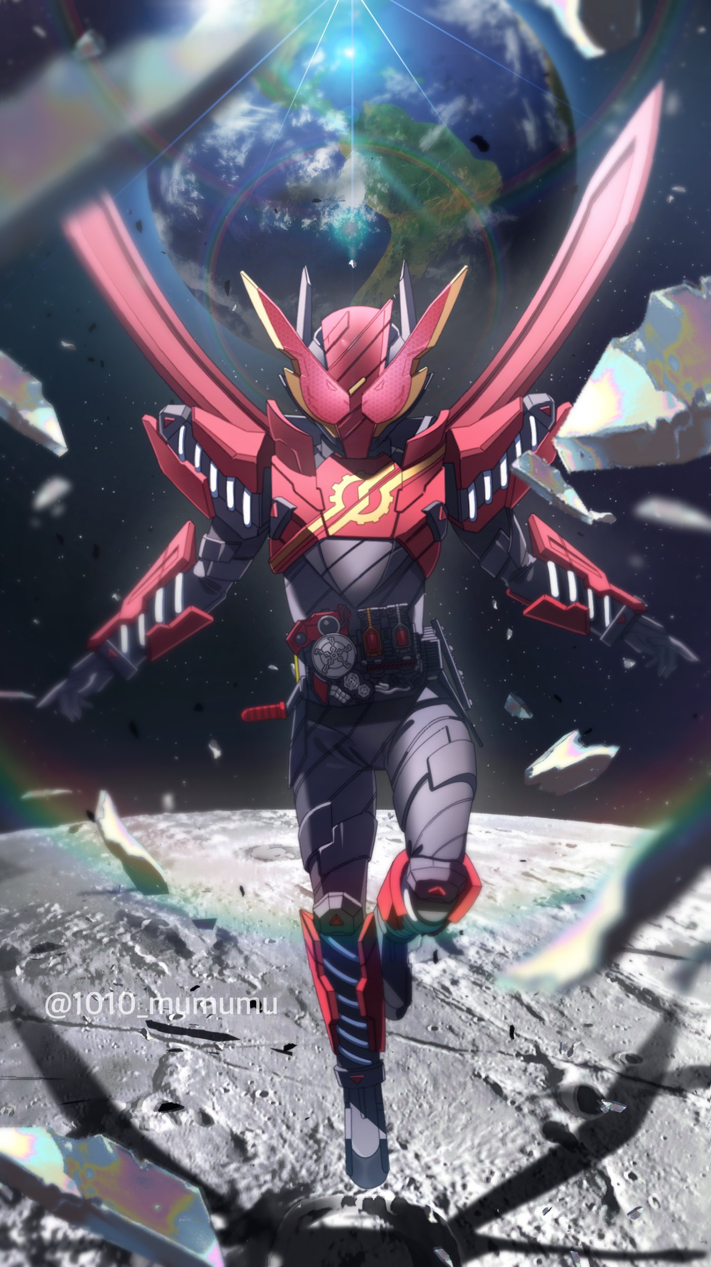 1010_mumumu, 1boy, absurdres, alternate_costume, armor, build_driver, commentary, compound_eyes, debris, driver_(kamen_rider), floating, fullbottle, fullfull_bottle, gauntlets, hazard_trigger, highres, kamen_rider, kamen_rider_build, kamen_rider_build_(series), landing, moon, official_alternate_costume, rabbit+rabbit_form, red_armor, red_eyes, rider_belt, science_fiction, space, spring_(object), standing, standing_on_one_leg, symbol-only_commentary, tokusatsu, zero_gravity
