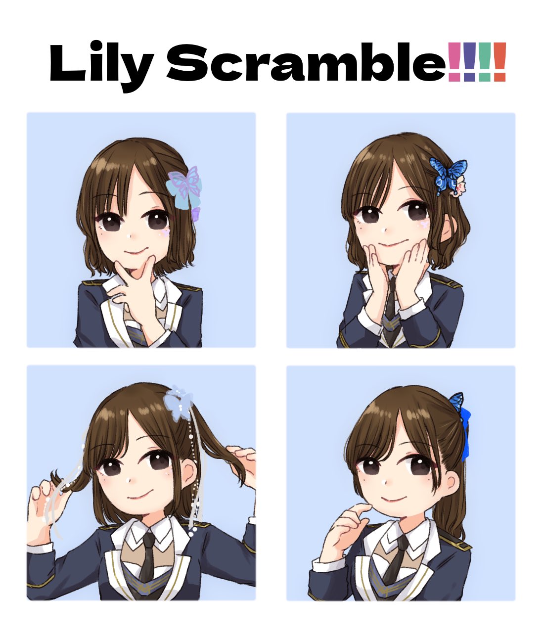 1girl, actor, actor_connection, assault_lily, blue_background, blue_bow, blue_jacket, bow