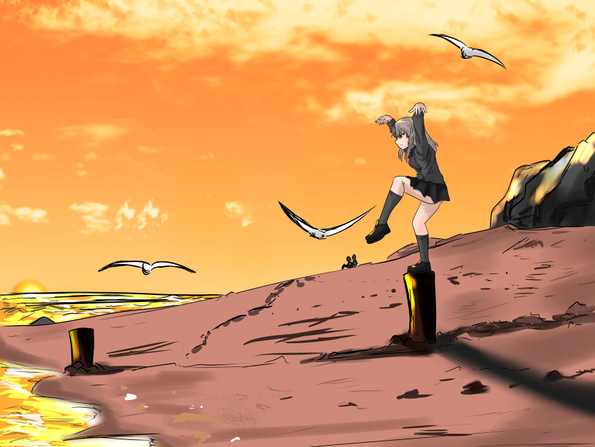 1girl, absurdres, arms_up, beach, bird, black_footwear, black_skirt, black_socks