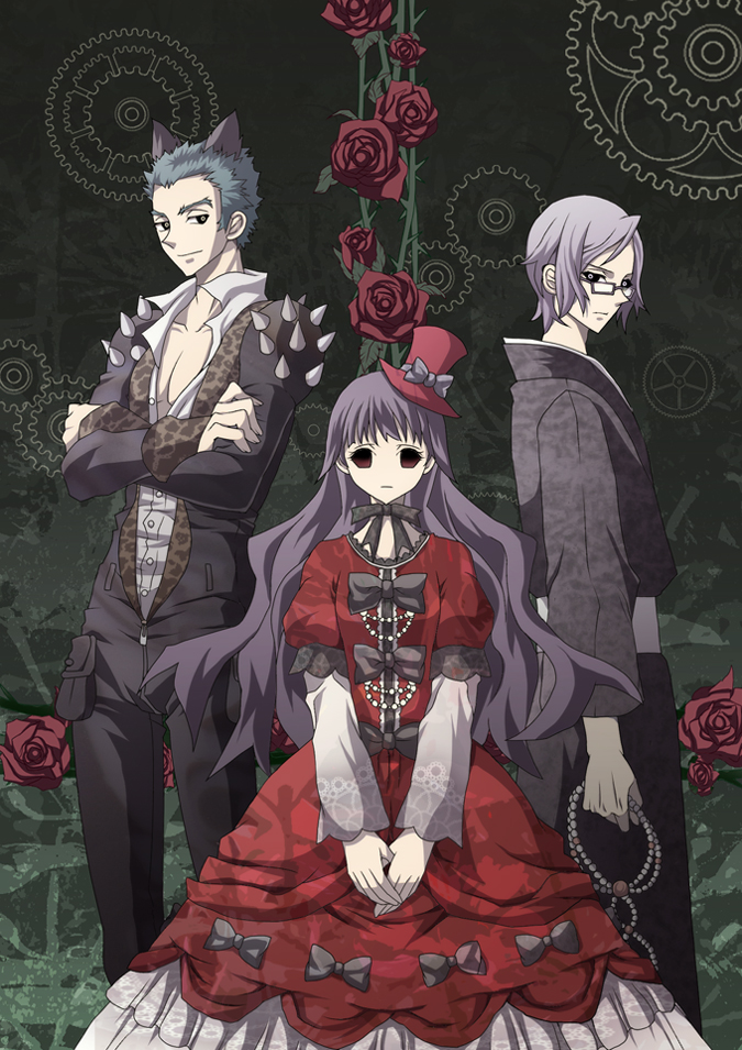 animal_ears, black_eyes, blue_hair, empty_eyes, flower, glasses, gothic_lolita, hat
