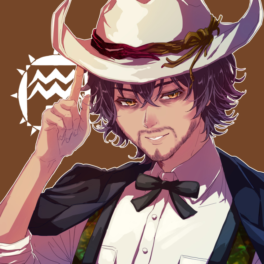 1boy, 24mbb, bow, bowtie, brown_eyes, brown_hair, character_name, cowboy_hat, dark_skin, gnosia, hat, jonas_(gnosia), long_sleeves, looking_at_viewer, male_focus, parted_lips, short_hair, signature, smile, solo, tan