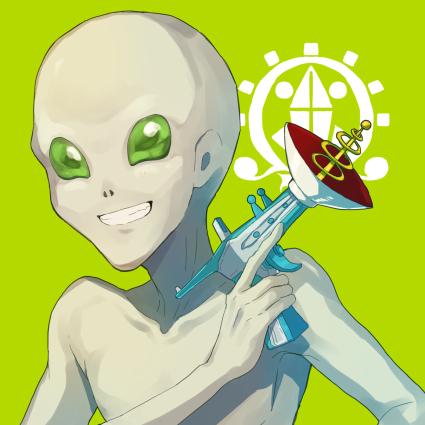 1boy, 24mbb, bald, blue_hair, colored_skin, gnosia, green_background, grey_skin