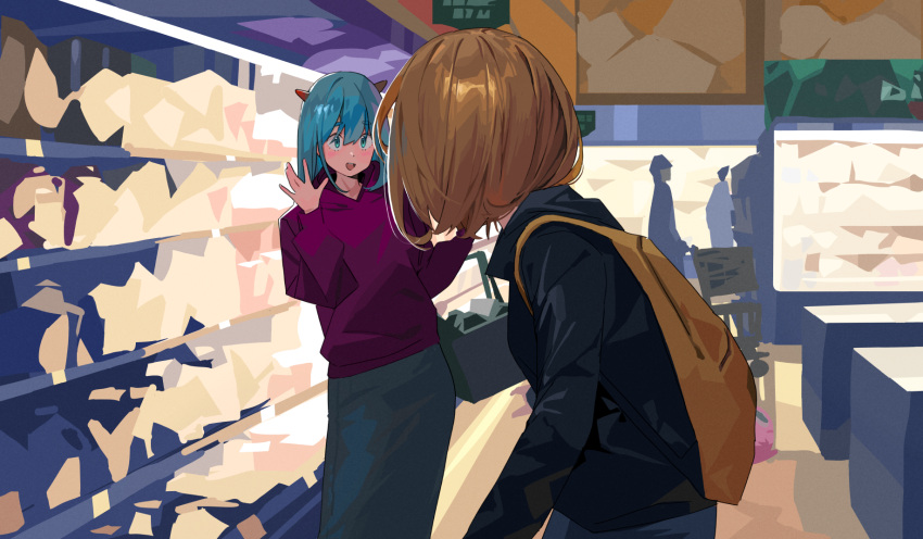 2girls, aqua_hair, bag, black_jacket, black_skirt, blonde_hair, green_eyes, groceries