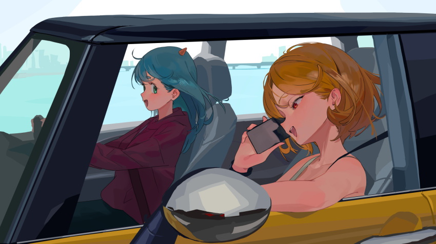 2girls, aqua_hair, black_skirt, blonde_hair, car, choppy_bangs, driving, green_eyes
