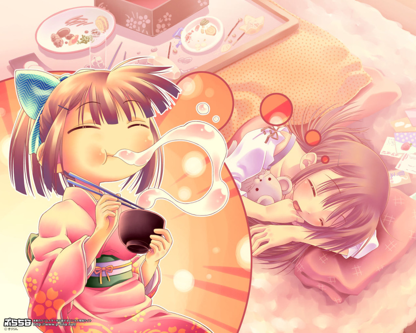 brown_hair, dreaming, food, japanese_clothes, kimono, kiririn, kotatsu, lying