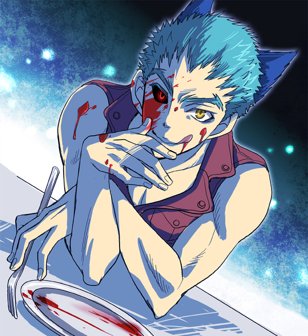 :q, animal_ears, blood, blue_hair, face, fork, glowing, glowing_eyes