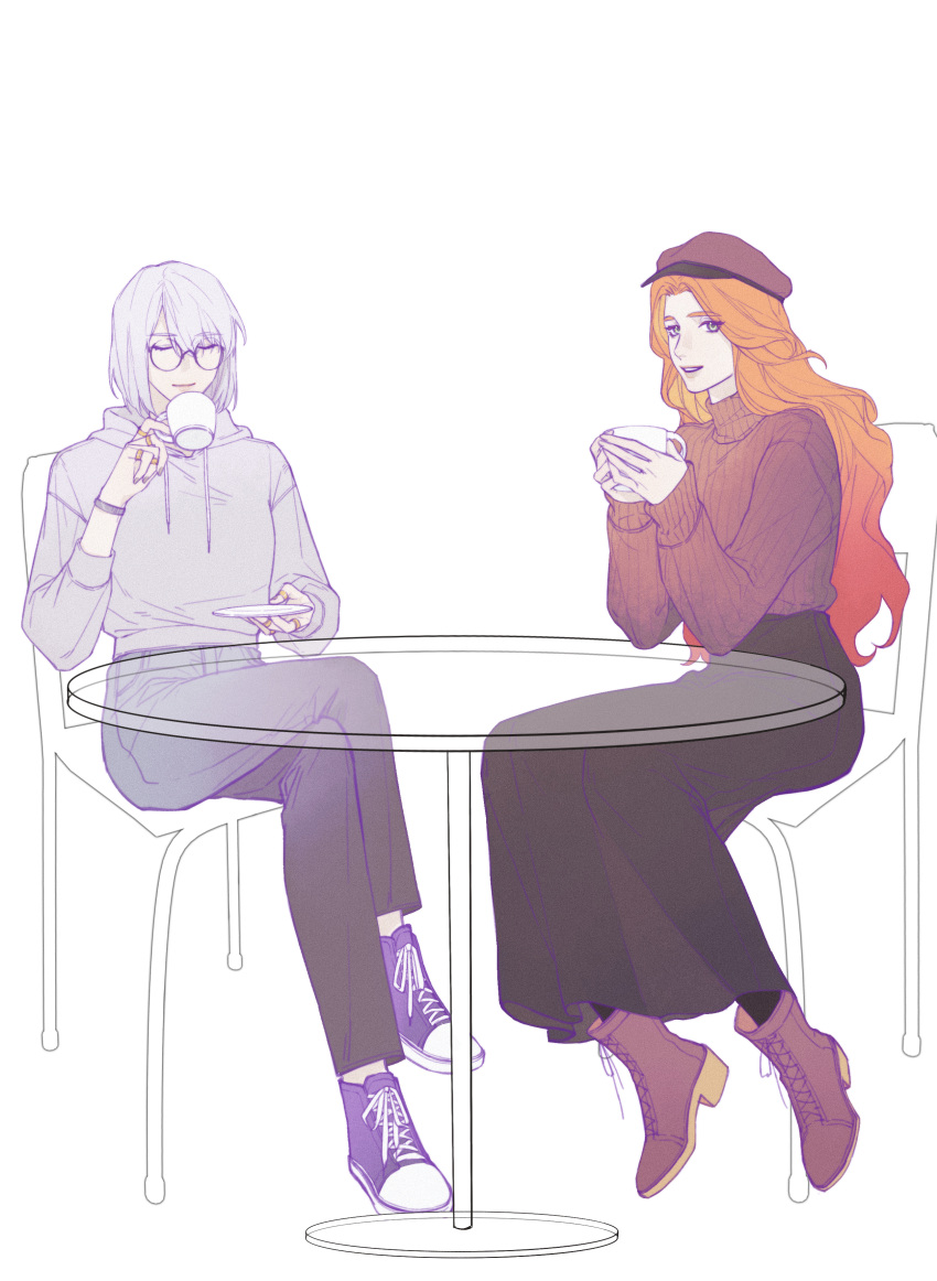 2girls, absurdres, alternate_costume, ankle_boots, beret, bespectacled, black_pants, black_pantyhose