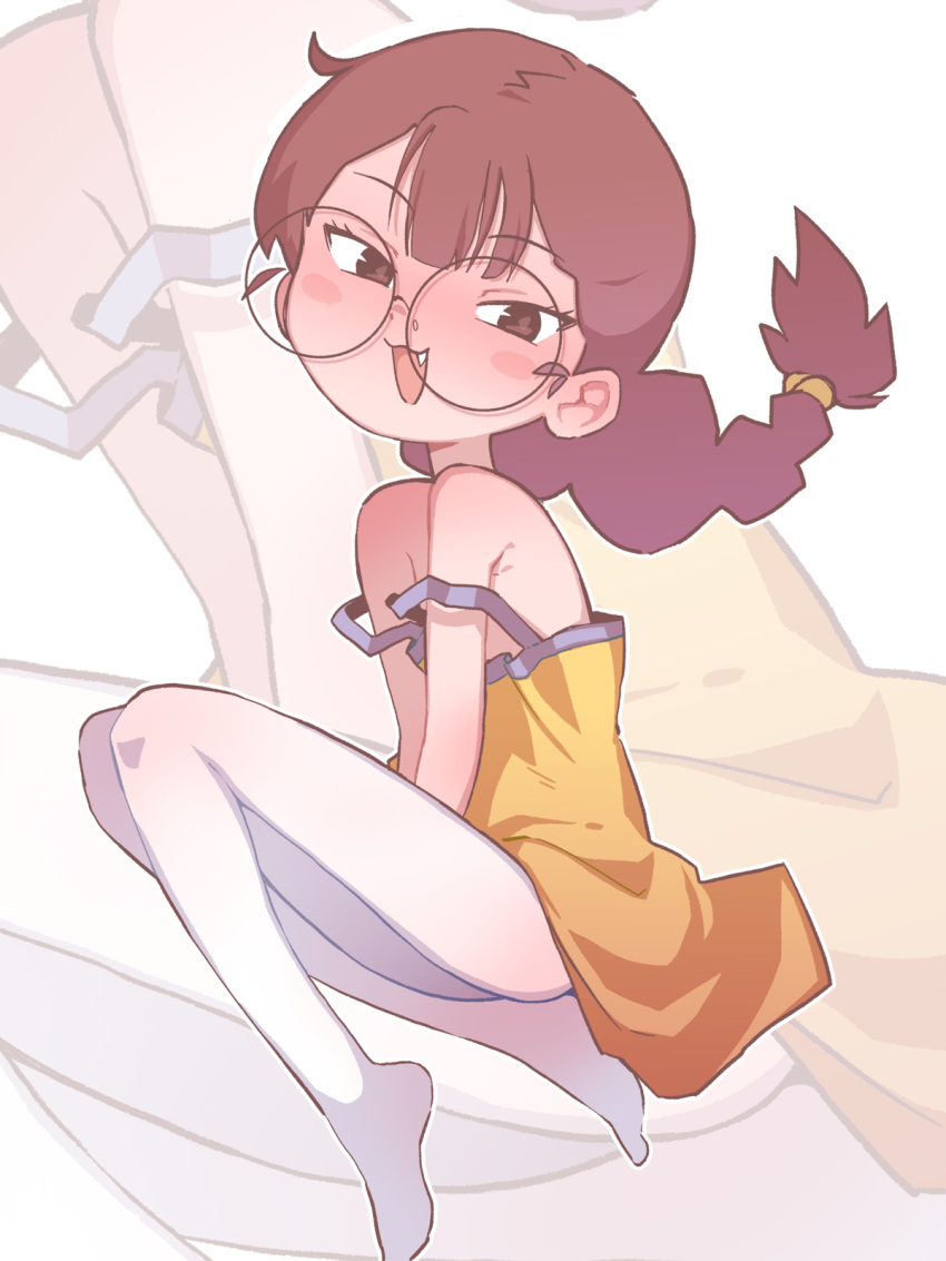 1girl, ahoge, blush_stickers, braid, brown_hair, dress, eyelashes, fang