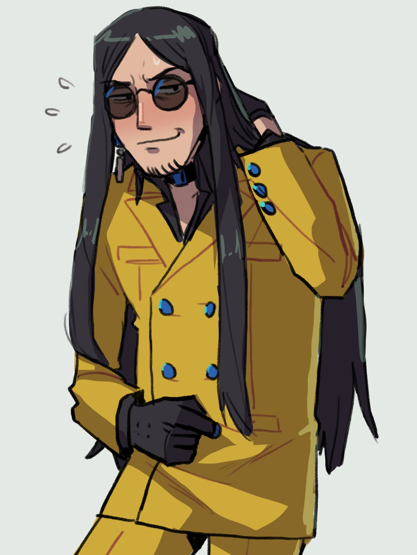 1boy, arm_behind_head, baofu, black_gloves, black_hair, buttons, choker, double-breasted, earrings, facial_hair, flying_sweatdrops, glasses, gloves, goatee_stubble, highres, jewelry, light_blush, long_hair, male_focus, mature_male, nervous_smile, persona, persona_2, persona_2_batsu, round_eyewear, s7873, simple_background, smile, solo, stubble, suit, sunglasses, yellow_suit