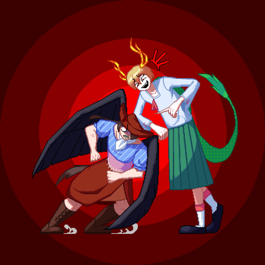 absurdres, antlers, bandana, black_wings, blue_shirt, boots, cowboy_boots, cowboy_hat