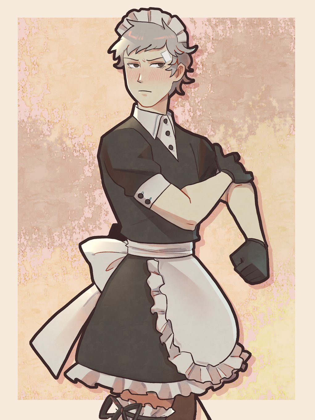 1boy, alternate_costume, bandaid, bandaid_on_face, bandaid_on_forehead, black_dress, black_gloves, blush