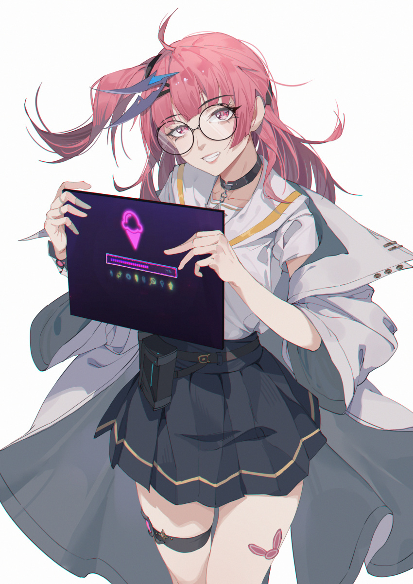 1girl, absurdres, ahoge, belt, belt_pouch, black-framed_eyewear, black_choker, black_skirt