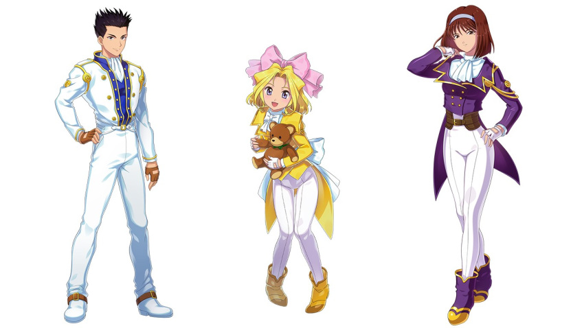 1boy, 2girls, ankle_boots, ascot, belt, black_eyebrows, blonde_eyebrows, blonde_hair