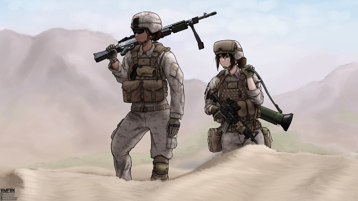 2girls, artist_name, assault_rifle, at4, beretta_92, brown_gloves, camouflage, chest_rig, combat_helmet, desert, desert_camouflage, expressionless, gloves, goggles, gun, handgun, helmet, jacket, light_machine_gun, m249, m4_carbine, machine_gun, military_uniform, multiple_girls, original, pants, rifle, rocket_launcher, uniform, vm_flashback, weapon, yellow_hat, yellow_jacket, yellow_pants