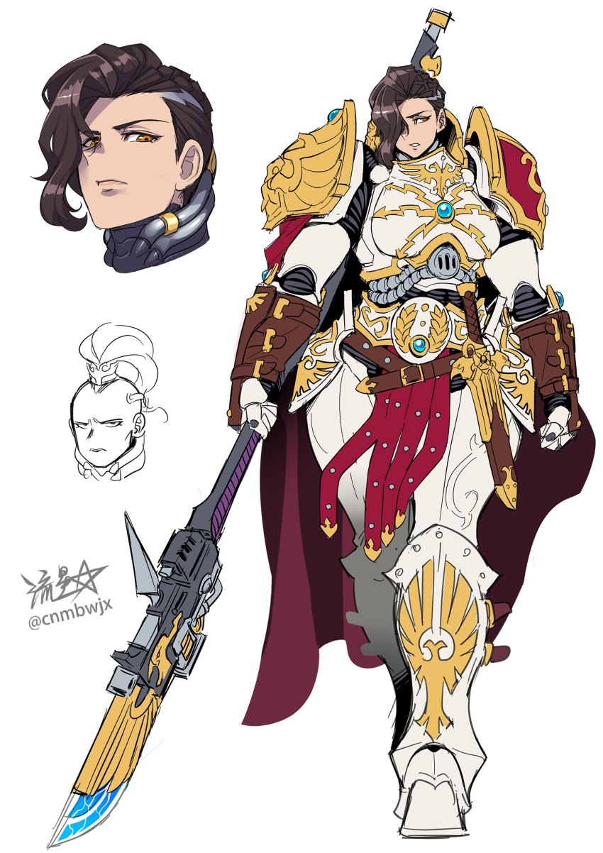 1girl, adeptus_custodes, alternate_hairstyle, armor, belt, breastplate, breasts, brown_hair