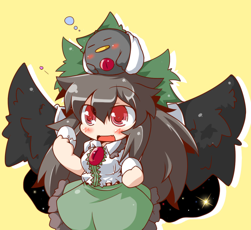 amura_(artist), animal_on_head, bad_id, bird, bird_on_head, black_hair, blush, cape
