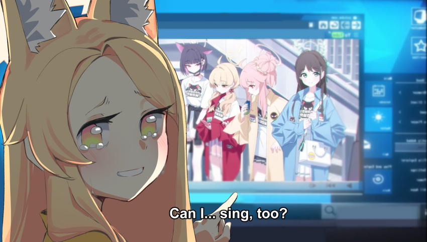 5girls, after-school_sweets_club_(blue_archive), airi_(band)_(blue_archive), airi_(blue_archive), among_us, among_us_eyes_(meme), animal_ears, bag