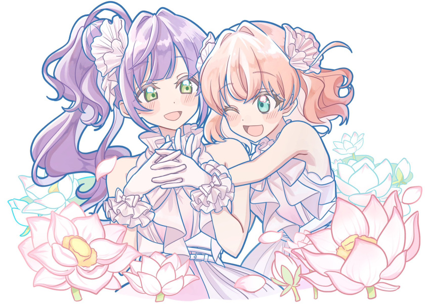 2girls, :d, ;d, aqua_eyes, belt, blush, bow, cerise_bouquet
